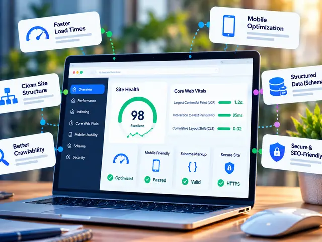 Technical SEO audit on a laptop showing site health, Core Web Vitals and crawlability checks