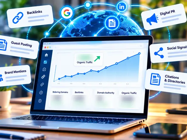 Link building and digital PR network with a growing organic traffic report on a laptop