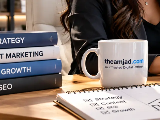 SEO strategy notebook with a checklist for strategy, content, SEO and growth beside SEO strategy books